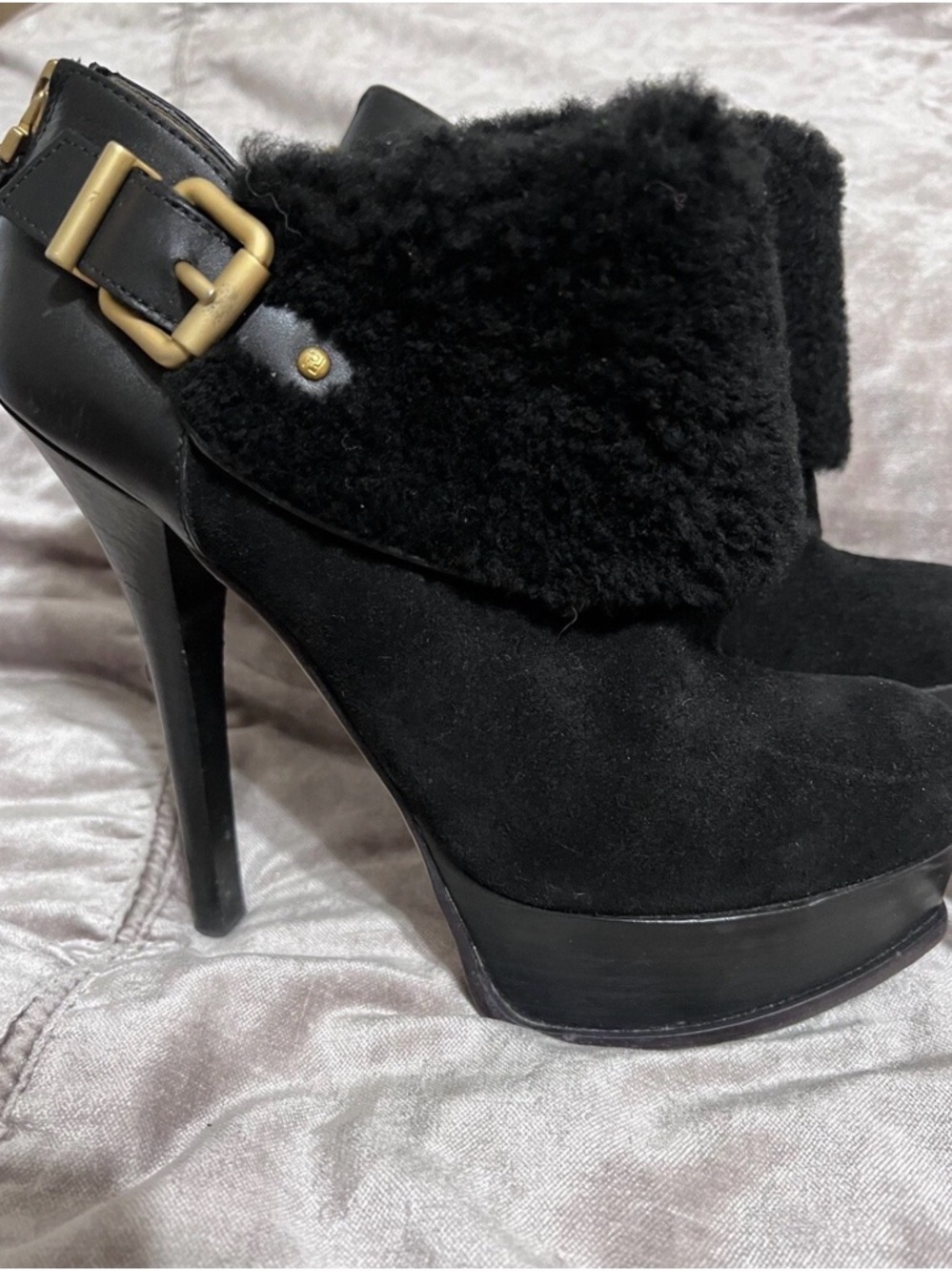 Fendi FF Black Fendista Shearling Fur Suede Buckled Platform Ankle Boot 39 - Picture 5 of 8